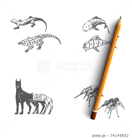 Bio robots - robot fish, dog, spider and gecko vector concept set 74149852