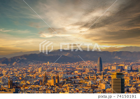 Barcelona cityscape at sunset overlook 74150191