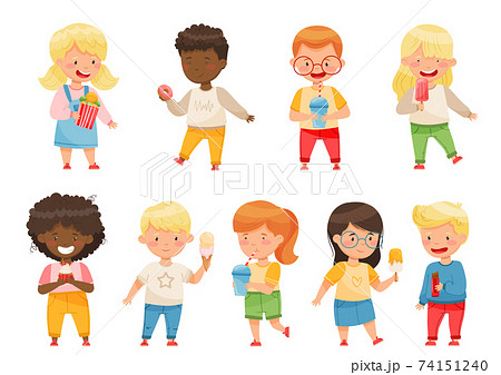 Cute Boy and Girl Drinking Soda and Eating Sweets and Sugary Treats Vector Set Cute Boy and Girl Drinking Soda and Eating Sweets and Sugary Treats Vector Set 74151240