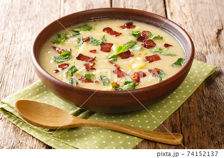 Homemade Rumfordsuppe Pea and Pearl Barley Soup recipe with bacon closeup in a plate. horizontal 74152137