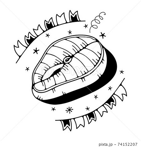 Vector illustration with fish steak. Isolated on a white background. Cute doodle illustrations. Vector illustration with fish steak. Isolated on a white background. Cute doodle illustrations. 74152207