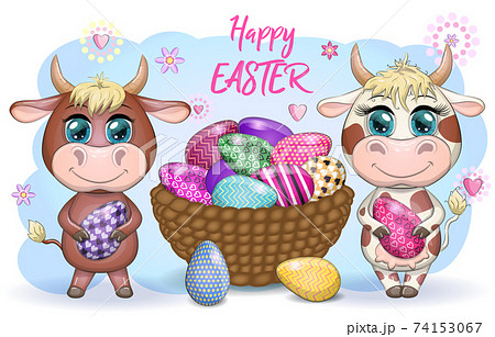 Cute cartoon cow, a bull with an Easter egg, next to a basket of eggs, symbol 2021 on the eastern calendar. 74153067