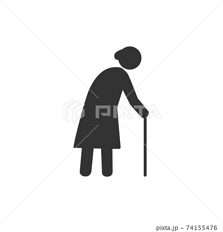 Old woman with a cane. Grey on white background. Flat design. Vector illustration. Old woman with a cane. Grey on white background. Flat design. Vector illustration. 74155476