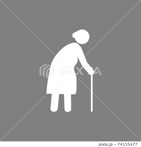 Old woman with a cane. Grey on white background. Flat design. Vector illustration. 74155477