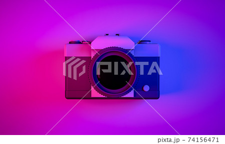 3D Rendering, Realistic mock up  vintage camera in top view shot, neon blue purple colors lighting and background. 74156471