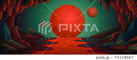 Mars - vector cartoon background. Marsian cave landscape with an underground lava river and red planets. Vector illustration in flat cartoon style. 74158667