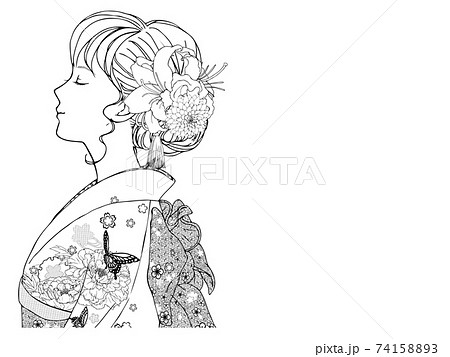 目を閉じて上を向く 横向きの晴れ着の女性 線画 のイラスト素材 7415