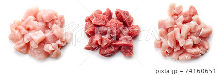 Raw cut meat isolated on white, from above 74160651