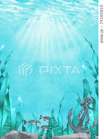Underwater scene of watercolor stones, anchor, seaweed and fish 74160810