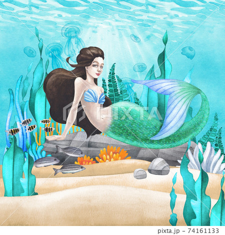 Watercolor Mermaid Lies On The Stone At The のイラスト素材
