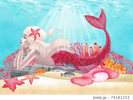 Watercolor mermaid lies on the stone at the ocean sandy bottom among the coral reef plants and fish Watercolor mermaid lies on the stone at the ocean sandy bottom among the coral reef plants and fish 74161153