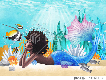Watercolor african mermaid lies at the ocean sandy bottom among the coral reef plants and fish 74161187