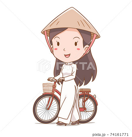 Cartoon character of Vietnamese girl in traditional costume walking with bicycle. 74161771