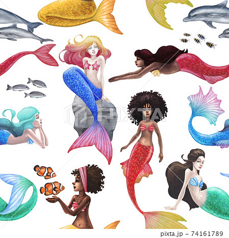 The Group Of Watercolor Mermaids With The のイラスト素材