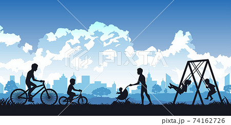 Silhouette of activities of people in park father and son cycling,man relax with baby and children play swing 74162726