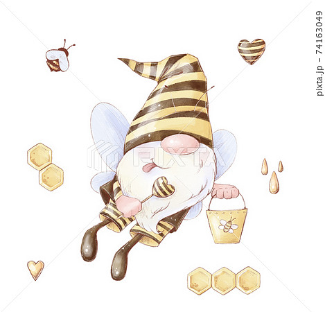 Cartoon cute gnome bee collects honey. Watercolor illustration Cartoon cute gnome bee collects honey. Watercolor illustration 74163049