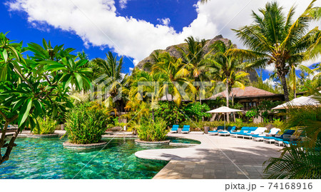 Luxury tropical holidays. Swim pool and relaxing spa territory, Mauritius island 74168916