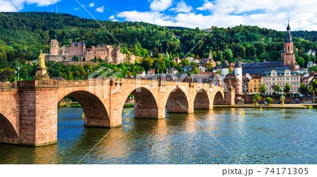 medieval Heidelberg  - view of famous Karl Theodor bridge and castle. Germany 74171305