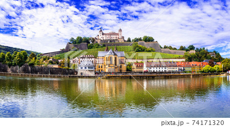 Authentic beautiful towns of Germany - Wurzburg, view with vineyards and castle Authentic beautiful towns of Germany - Wurzburg, view with vineyards and castle 74171320