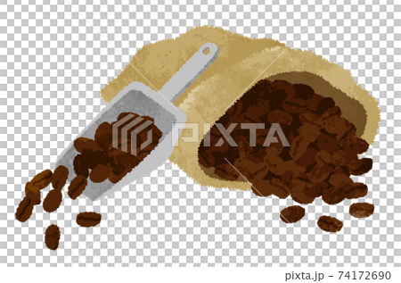 水彩風・コーヒー豆の麻袋とスコップ型コーヒーメジャーのイラスト素材 [74172690] - PIXTA