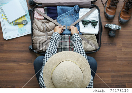 Overhead view of traveler woman plan and backpack planning vacation trip. Top view. Overhead view of traveler woman plan and backpack planning vacation trip. Top view. 74178136