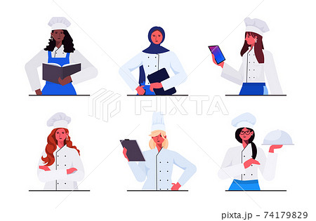 set female cooks in uniform beautiful women chefs cooking food industry concept 74179829