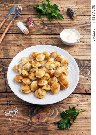 Traditional fried pelmeni, ravioli, dumplings filled with meat on plate, russian kitchen. Wooden rustic table, copy space. Traditional fried pelmeni, ravioli, dumplings filled with meat on plate, russian kitchen. Wooden rustic table, copy space. 74183609