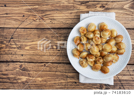 Traditional fried pelmeni, ravioli, dumplings filled with meat on plate, russian kitchen. Wooden rustic table, copy space. Traditional fried pelmeni, ravioli, dumplings filled with meat on plate, russian kitchen. Wooden rustic table, copy space. 74183610