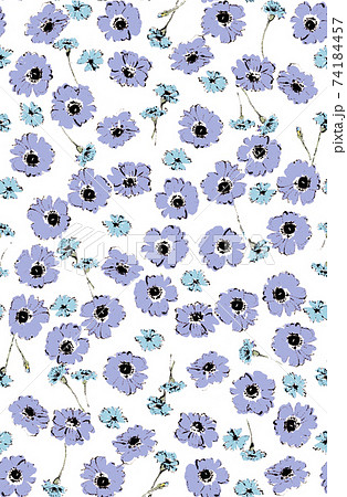手描き花柄 かわいい小花柄 模様 白地 Pngブルー系 テキスタイル シームレスのイラスト素材