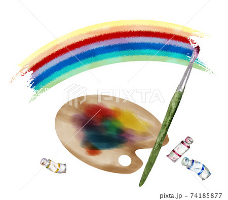 絵の具道具と虹のペイント 水彩イラストのイラスト素材