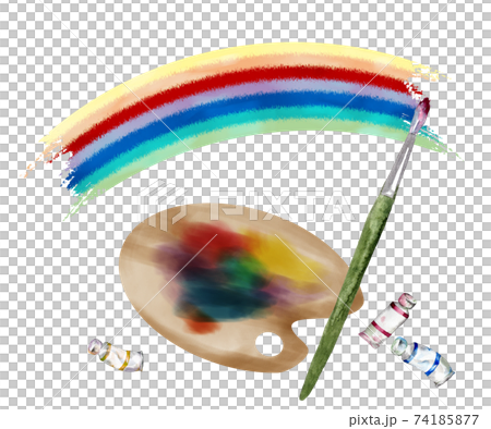 絵の具道具と虹のペイント　水彩イラスト 74185877