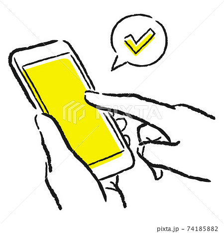 スマートフォンを操作してる人の手。線のみのイラスト。 74185882