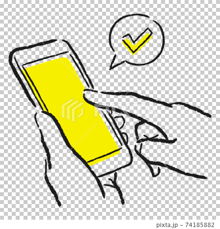 スマートフォンを操作してる人の手。線のみのイラスト。 74185882