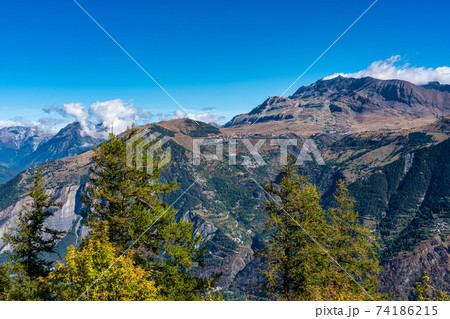 Landscape view of the mountains around Le Bourg d'Oisans in France Landscape view of the mountains around Le Bourg d'Oisans in France 74186215
