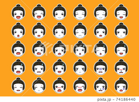白フチつきの笑顔や泣き顔 困り顔などの色んな表情の女の子の顔のイラストセットのイラスト素材