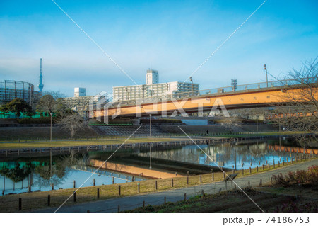 東京都江戸川区のさくら大橋と街並みの写真素材