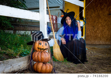 Halloween celebration witch and pumpkin figure sit by the fence Halloween celebration witch and pumpkin figure sit by the fence 74188200