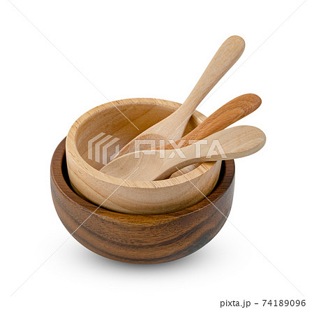 Wooden bowl and spoon isolated on white background ,include clipping path 74189096