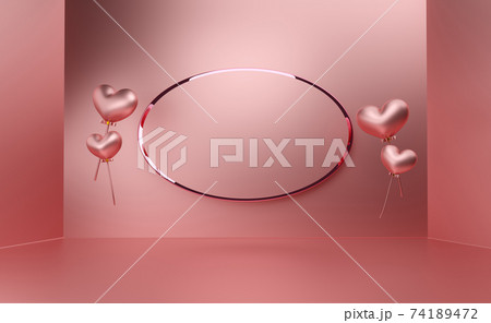 podium empty with geometric shapes in pink pastel composition for modern stage display and minimalist mockup ,birthday balloons and party or celebrations ,3d illustration or 3d render 74189472