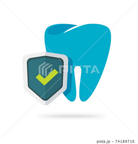 Dental health protection icon vector flat cartoon illustration, tooth defense guard via shield symbol, concept of stomatology dentistry, anti caries safeguard label 74189716
