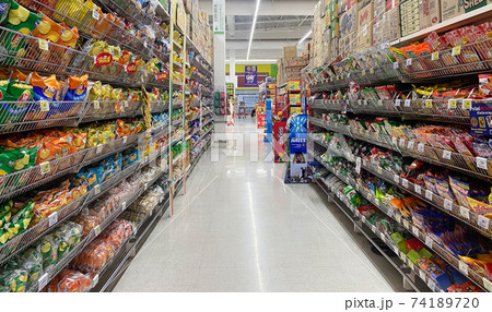 BIG C, THAILAND- February 4, 2021 : Consumer goods are placed on the shelves of goods such as foodstuffs, dry food, cosmetics and electrical appliances, Thailand's leading department store. BIG C, THAILAND- February 4, 2021 : Consumer goods are placed on the shelves of goods such as foodstuffs, dry food, cosmetics and electrical appliances, Thailand's leading department store. 74189720