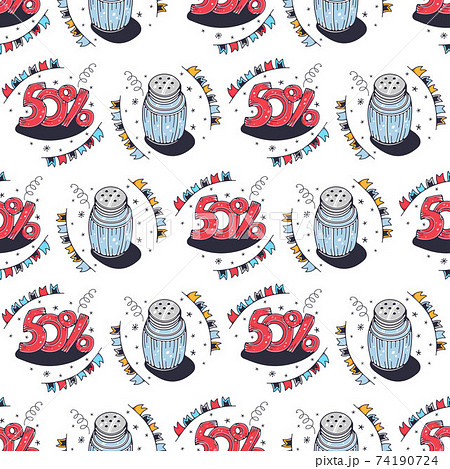 Salt shaker and 50%. Seamless pattern on a white background. Cute vector illustration. Salt shaker and 50%. Seamless pattern on a white background. Cute vector illustration. 74190724