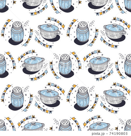 Salt shakers and saucepans. Seamless pattern on a white background. Cute vector illustration. 74190803