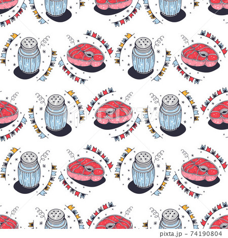 Salt shakers and meat. Seamless pattern on a white background. Cute vector illustration. Salt shakers and meat. Seamless pattern on a white background. Cute vector illustration. 74190804