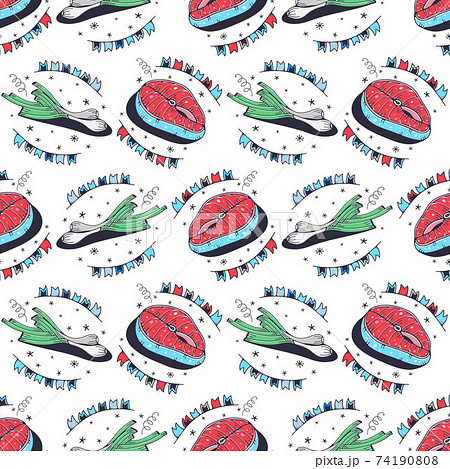 Fish steaks and green onions. Seamless pattern on a white background. Cute vector illustration. Fish steaks and green onions. Seamless pattern on a white background. Cute vector illustration. 74190808