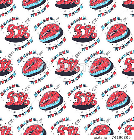 Fish steak and 50%. Seamless pattern on a white background. Cute vector illustration. 74190809