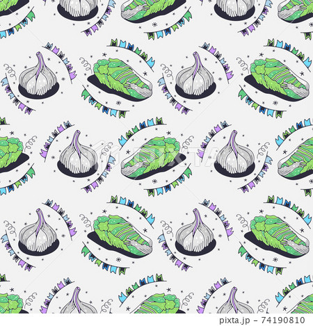 Chinese cabbage and garlic. Seamless pattern on a white background. Cute vector illustration. 74190810