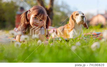 Happy little girl playing with dog in garden. Happy little girl playing with dog in garden. 74190820