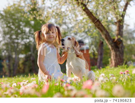 Happy little girl playing with dog in garden. Happy little girl playing with dog in garden. 74190823