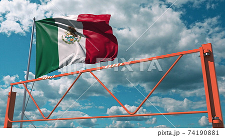 Manual swing arm road barrier and flag of Mexico. Restricted entry related 3d rendering Manual swing arm road barrier and flag of Mexico. Restricted entry related 3d rendering 74190881